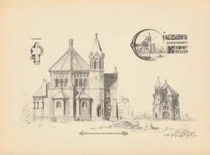 Romanische Kapelle: Seitenansicht, Vorderansicht, Grundriss (aus: Drucke von Seminararbeiten der Königlich Technischen Hochschule Berlin, Bd. III)