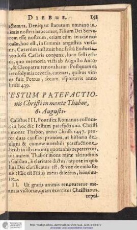 Festum Patefactionis Christi in monte Thabor, 6. Augusti.