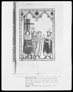 Manessische Liederhandschrift, Faksimile — Süßkind der Jude von Trimberg vor einem Bischof, Folio 355recto