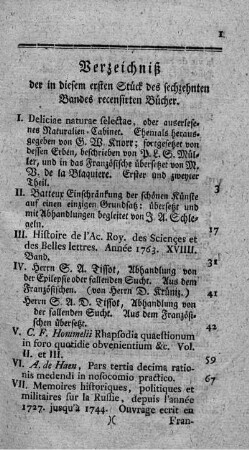 Verzeichniß der in diesem ersten Stück des sechzehnten Bandes recensirten Bücher.