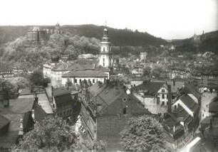 Greiz, Stadtansicht : Greiz. Blick vom Hainberg auf die Stadt mit Stadtkirche und Oberem Schloss