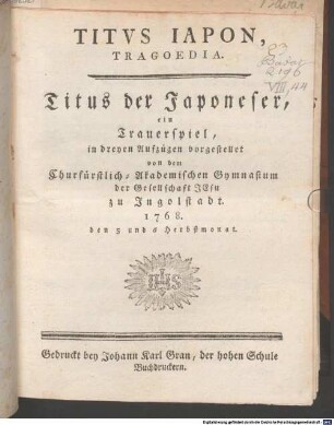 Titvs Iapon : Tragoedia = Titus der Japoneser