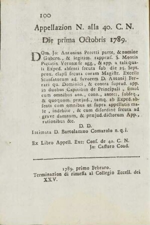 Appellazion N. alla 40. C. N. Die prima Octobris 1789.