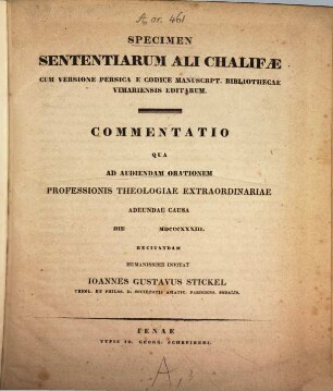 Specimen sententiarum Ali Chalifae : cum versione persica e cod. ms. bibl. Vimariensis editarum. Commentatio