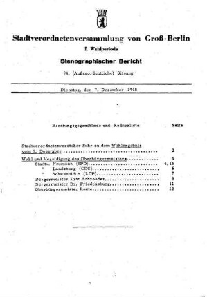 Nr. 94, 7. Dezember 1948, Außerordentliche Sitzung