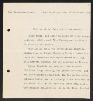 Brief von ... Meyer von Ober Salzbrunn / Bürgermeister an Gerhart Hauptmann