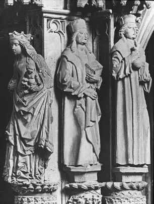 Halberstadt, Dom St. Stephanus und St. Sixtus, Lettner, Südwest-Pfeiler, Madonna, Hl. Cosmas und Hl. Damian