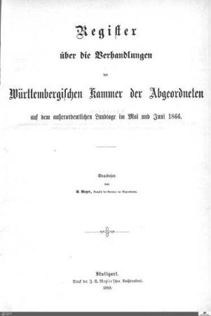 2,6a: Landtag Württemberg - Kammer 2, Register 1866 (außerordentlich)