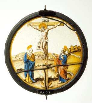 Kabinettscheibe: Kreuzigung Christi mit Maria und Johannes. Zugehörig zu einer Serie von vier Rundscheiben mit Szenen aus dem Leben Christi, vgl. Gm.019, 020, 035