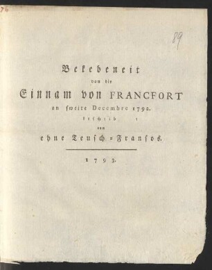 Bekebeneit von die Einnam von Francfort an sweite Decembre 1792