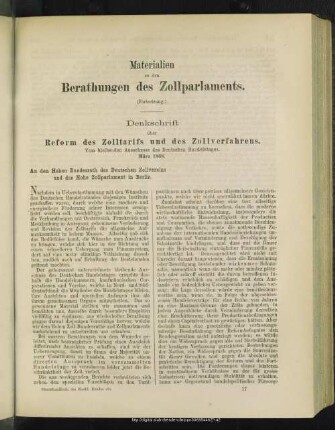 Denkschrift über Reform des Zolltarifs und des Zollverfahrens