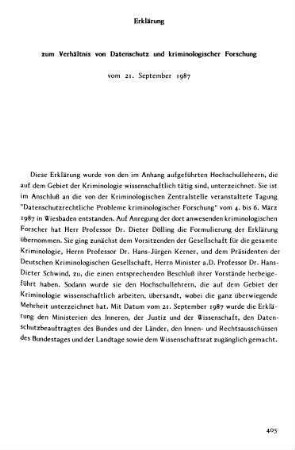 405-413, Erklärung zum Verhältnis von Datenschutz und kriminologischer Forschung vom 21. September 1987
