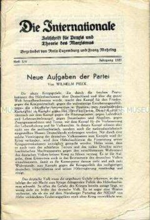 Illegale Ausgabe der Zeitschrift "Die Internationale" mit einem Beitrag von Wilhelm Pieck über die aktuellen Aufgaben der KPD (Umschlag fehlt)