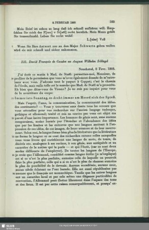 David Francois de Gaudot an August Wilhelm von Schlegel, Neuchâtel, 08.02.1808