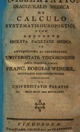 Dissertatio Inauguralis Medica De Calculo Systematis Ouropoetici