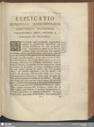 Explicatio Quorundam Instrumentorum Inservientium Cognoscendis Variationibis Aeris, Oriundis A Calore Et Frigore