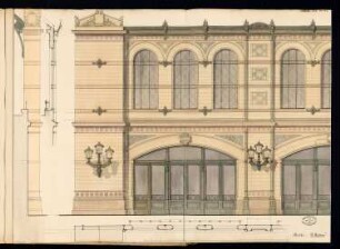 Bahnhof Börse der Stadtbahn, Berlin Monatskonkurrenz Oktober 1878: Grundriss Fassade, Aufriss Seitenansicht (Ausschnitt), 2 Vertikalschnitte der Fassade; Maßstabsleiste