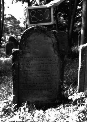 Grabstein 832 (Index: 100102905) Material: Sandstein Zustand: teilweise verwittert Maße HxBxT: 88x53x8 cm Beschreibung: Stele, eingezogener Rundbogenabschluss, Schriftfeld eingetieft mit Konvexbogenabschluss: Grabstein 832