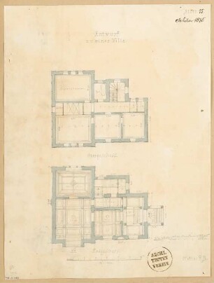 Villa Monatskonkurrenz Februar 1875: Grundriss Erdgeschoss, Obergeschoss 1:150; Maßstabsleiste