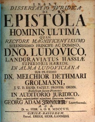 Diss. iur. de epistola hominis ultima
