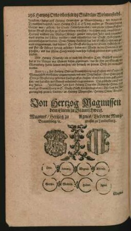 Wappen. Magnus/ Hertzog zu Braunschweig/ etc. und Agnes/ Geborne Marggrafin zu Landesberg.