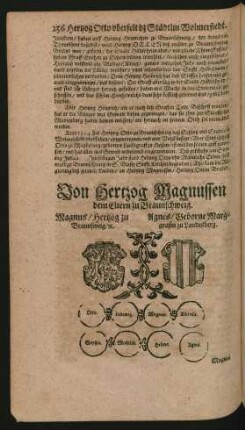 Wappen. Magnus/ Hertzog zu Braunschweig/ etc. und Agnes/ Geborne Marggrafin zu Landesberg.