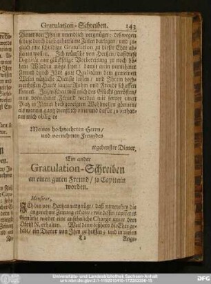 Ein ander Gratulation-Schreiben an einen guten Freund, so Capitain worden.