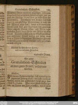 Ein ander Gratulation-Schreiben an einen guten Freund, so Capitain worden.