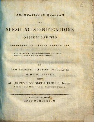 Annotationes quaedam de sensu ac significatione ossium capitis, speciatim de capite testudinis
