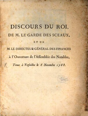 Discours du roi ... à l'ouverture de l'assemblée les Notables