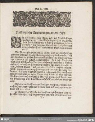 Nothwendige Erinnerung an den Leser