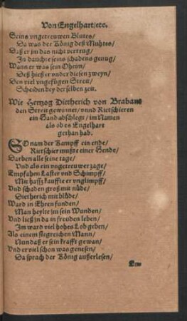 Wie Hertzog Dietherich von Brabant den Streit gewinnet/ unnd Rietschieren ein Hand abschlegt/ im Namen als ob es Engelhart gethan hab.