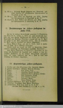 II. Veränderungen im Lehrer-Kollegium im Jahre 1872