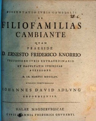 Dissertatio iuris cambialis De filiofamilias cambiante