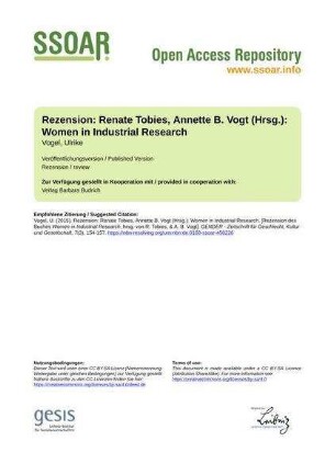 Rezension: Renate Tobies, Annette B. Vogt (Hrsg.): Women in Industrial Research