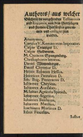 Authores/ aus welcher Büchern die vorgehenden Testimonia und Encomia ... genommen und colligirt sein worden.