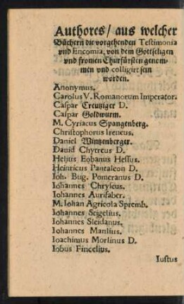 Authores/ aus welcher Büchern die vorgehenden Testimonia und Encomia ... genommen und colligirt sein worden.