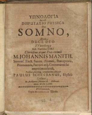 Hypnologia hoc est Disputatio Physica De Somno