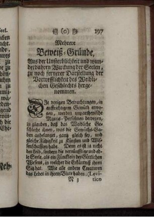 Mehrere Beweiß-Gründe, Aus der Unsterblichkeit und wunderbahren Wirckung der Seelen, zu noch fernerer Darstellung der Vortrefflichkeit des Weiblichen Geschlechts hergenommen.