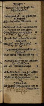 Register/ derer im vierdten Opffer befindlichen Lieder.