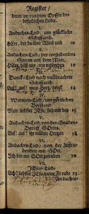 Register/ derer im vierdten Opffer befindlichen Lieder.