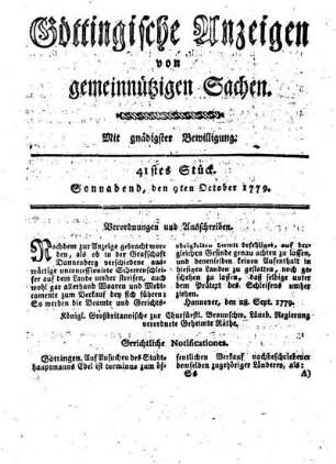 41tes Stück. Sonnabend, den 9ten October 1779.