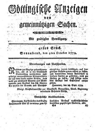 41tes Stück. Sonnabend, den 9ten October 1779.