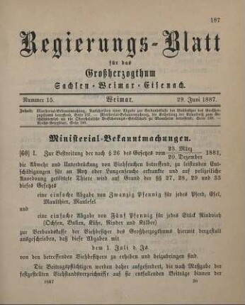 60. Ministerial-Bekanntmachung, das Ausschreiben einer Abgabe zur Verbandskasse der Viehbesitzer des Großherzogthums betreffend