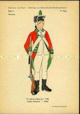 Uniformdarstellung, Gemeiner des 15. Infanterie-Regiments, Kurfürstentum Hannover, 1786.