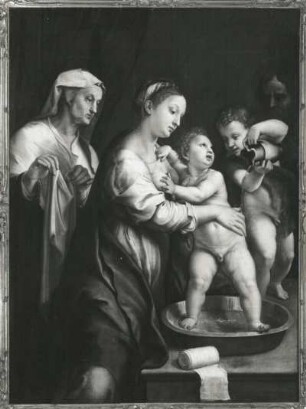 Die Madonna mit der Waschschüssel : Romano, Giulio (Giulio Pippi): La Madonna della Catina (Die Madonna mit der Waschschüssel). Um 1525. Öl auf italienischem Pappelholz; 161 x 119,5 cm. Dresden: Gemäldegalerie Alte Meister 103