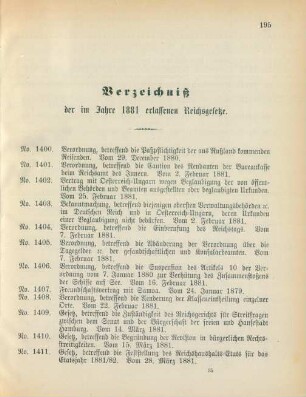 Verzeichniß der im Jahre 1881 erlassenen Reichsgesetze