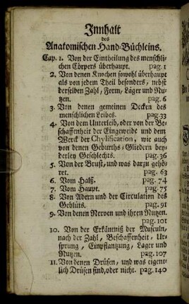 Innhalt des Anatomischen Hand-Büchleins.