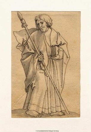 Matthias (?, Thomas ?) mit der Lanze in der Rechten, nach links umblickend