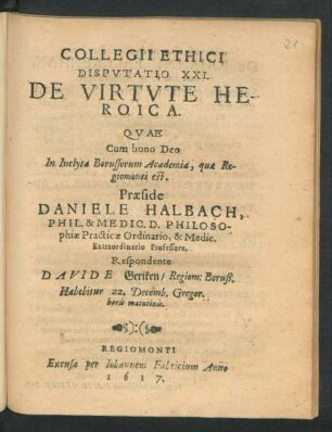 Collegii Ethici Disputatio XXI. De Virtute Heroica